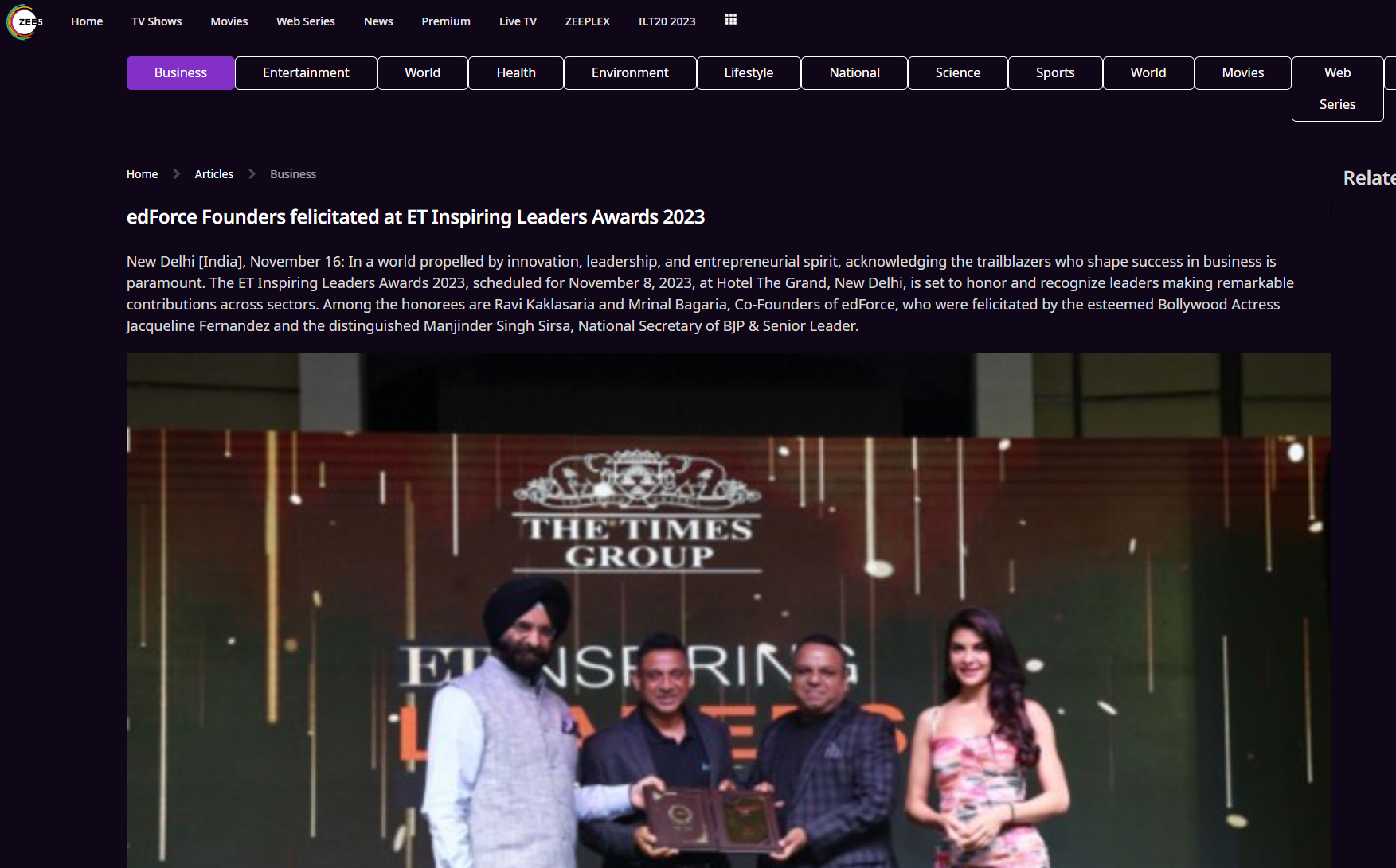 Zee News edForce Founders felicitated at ET Inspiring Leaders Awards 2023
