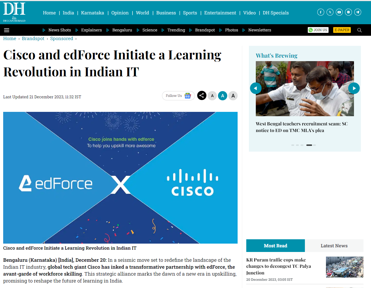Cisco and edForce Initiate a Learning Revolution in Indian IT