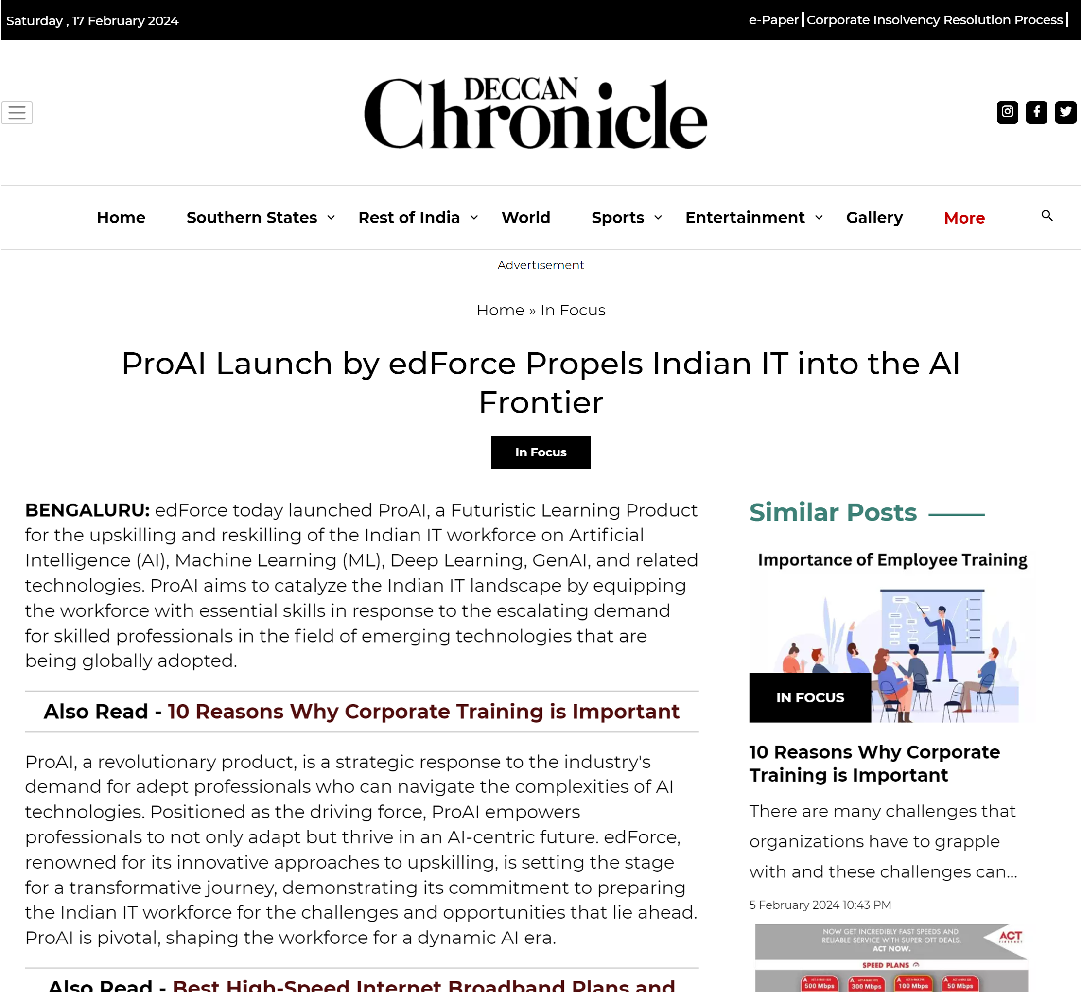 Ravi Kaklasaria edForce CEO ProAI Launch by edForce Propels Indian IT into the AI Frontier news covered by Deccan Chronicle