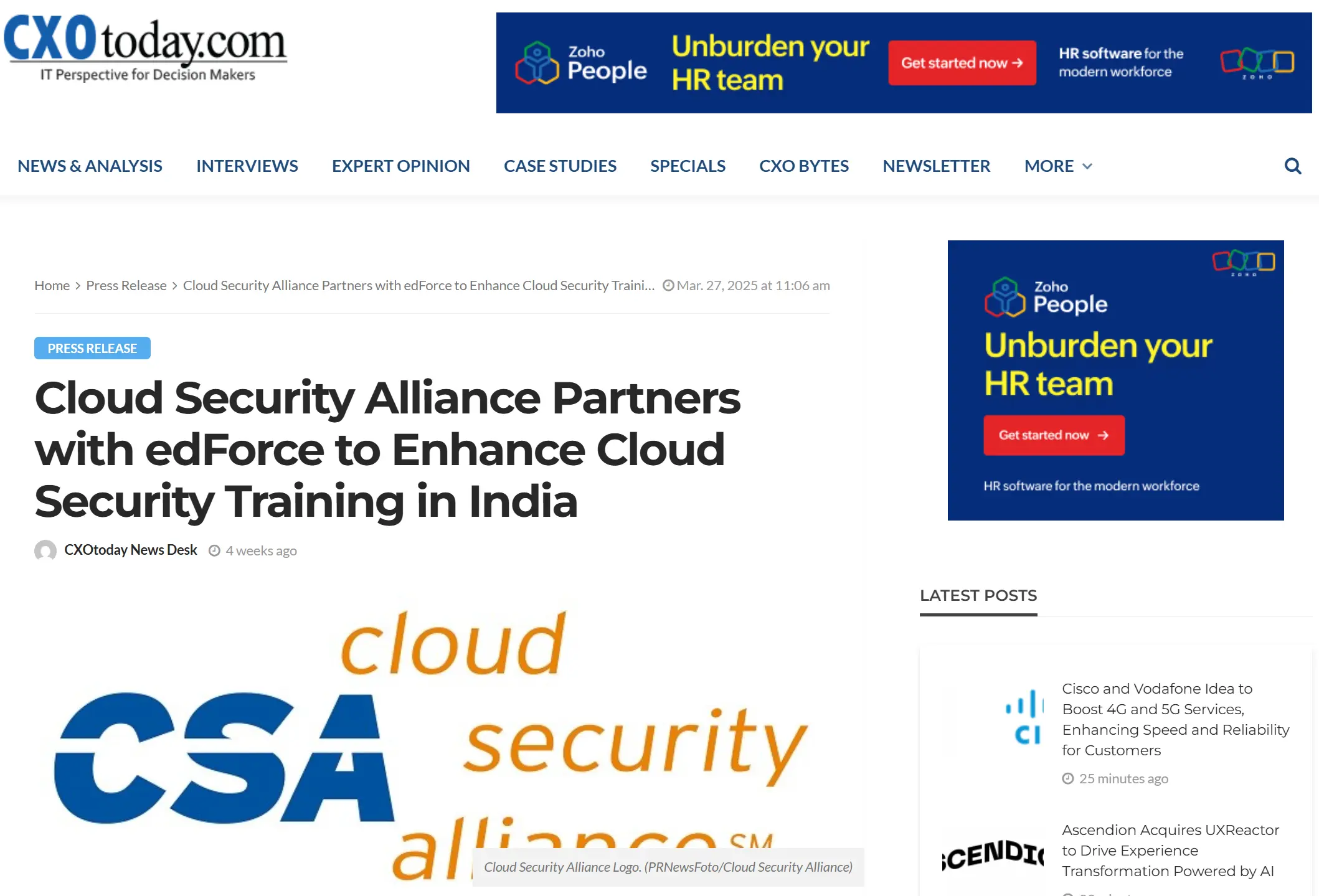 Cloud Security Alliance Partners with edForce to Enhance Cloud Security Training in India