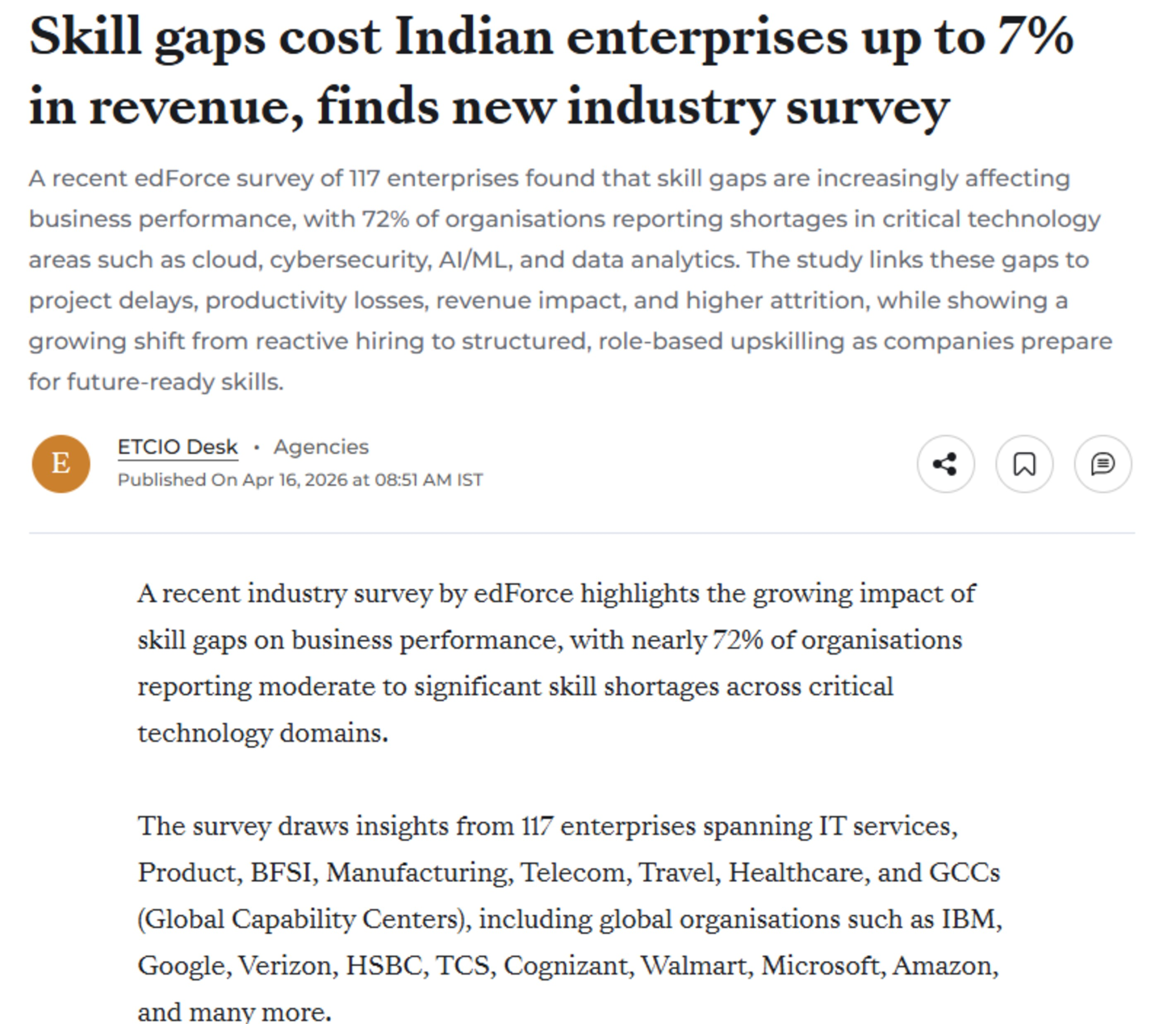 Skill Gaps Cost Indian Enterprises Up to 7% in Revenue, Finds New Industry Survey