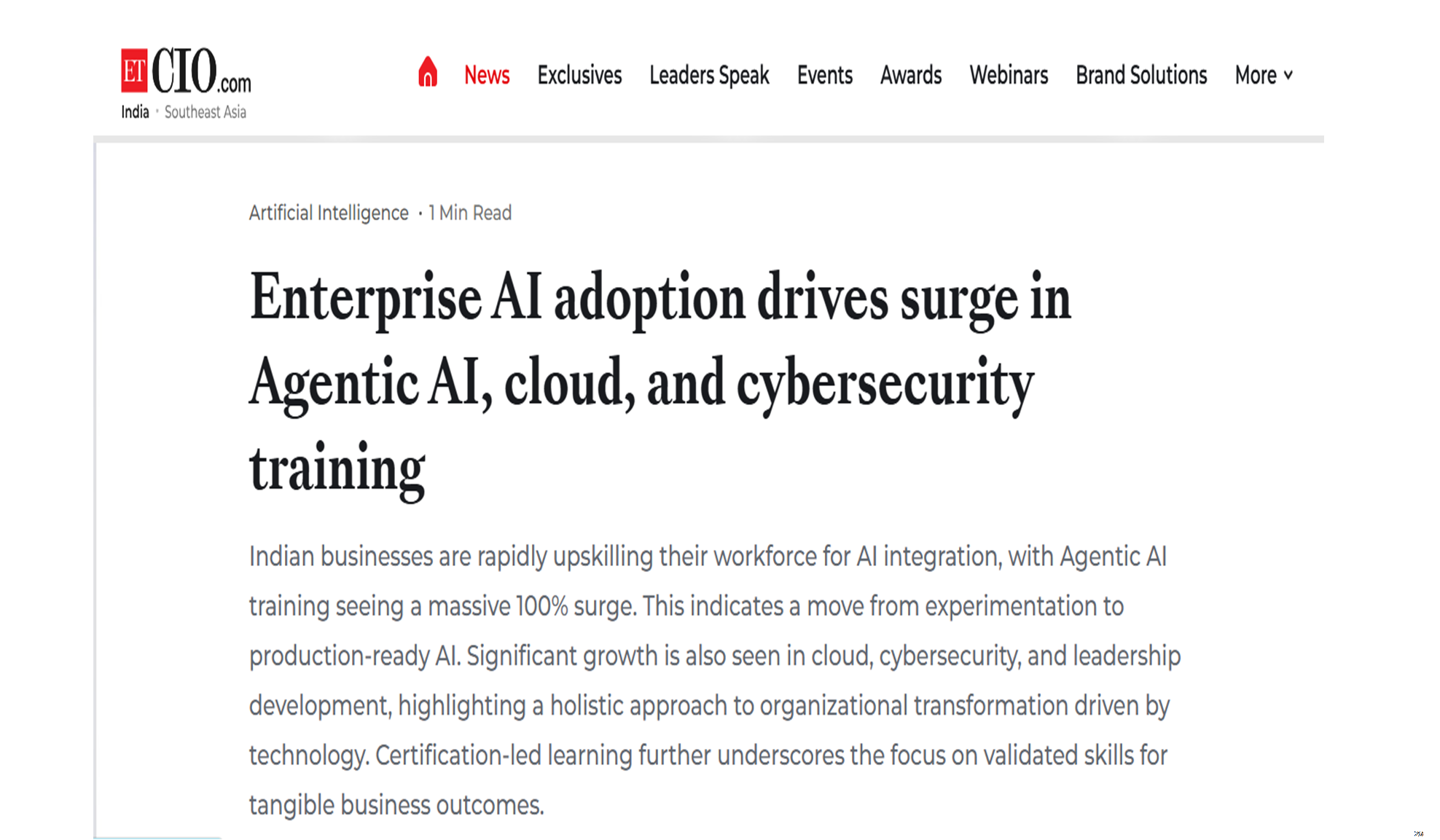 Enterprise AI adoption drives surge in Agentic AI, cloud, and cybersecurity training