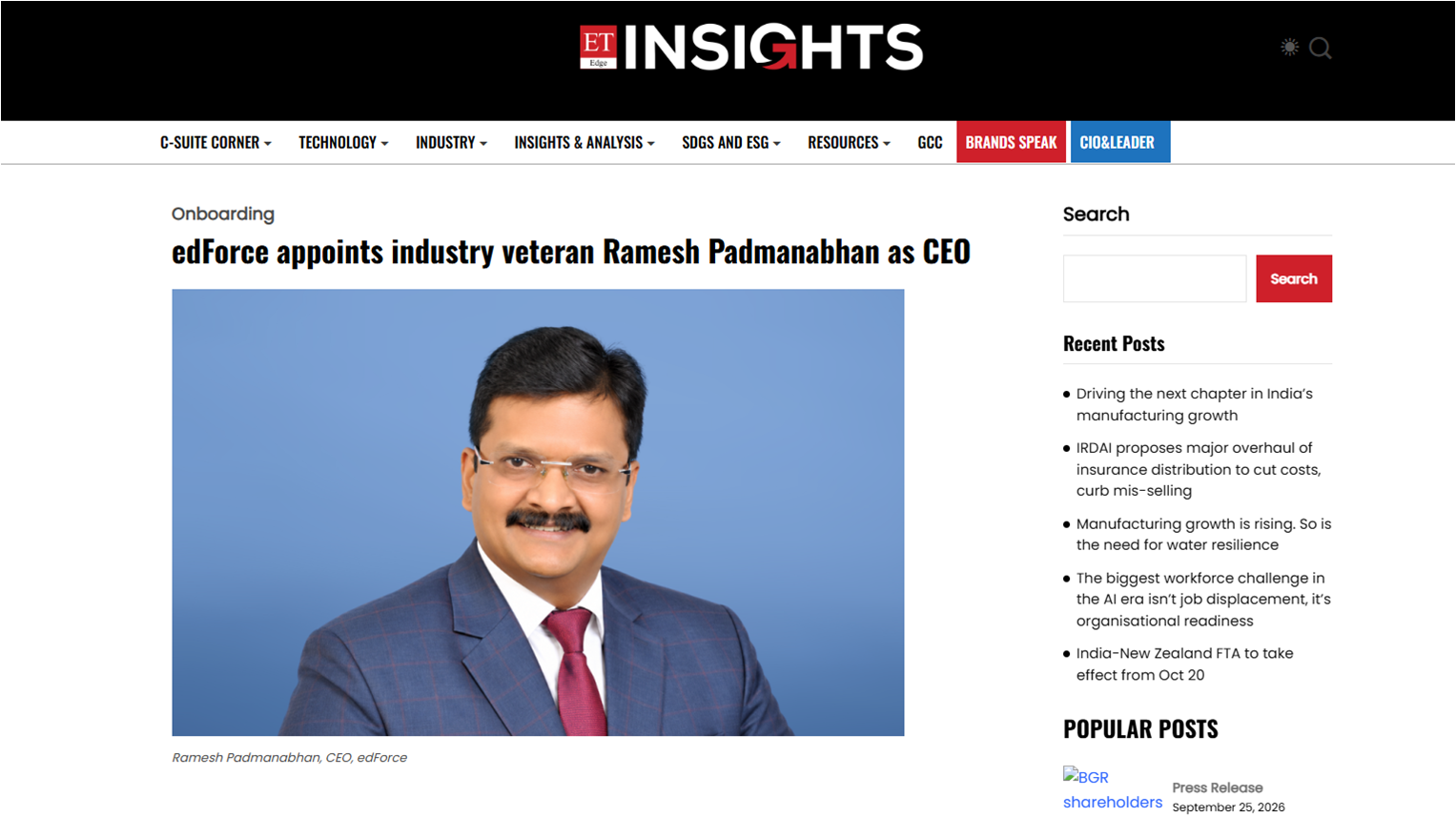 edForce appoints industry veteran Ramesh Padmanabhan as CEO
